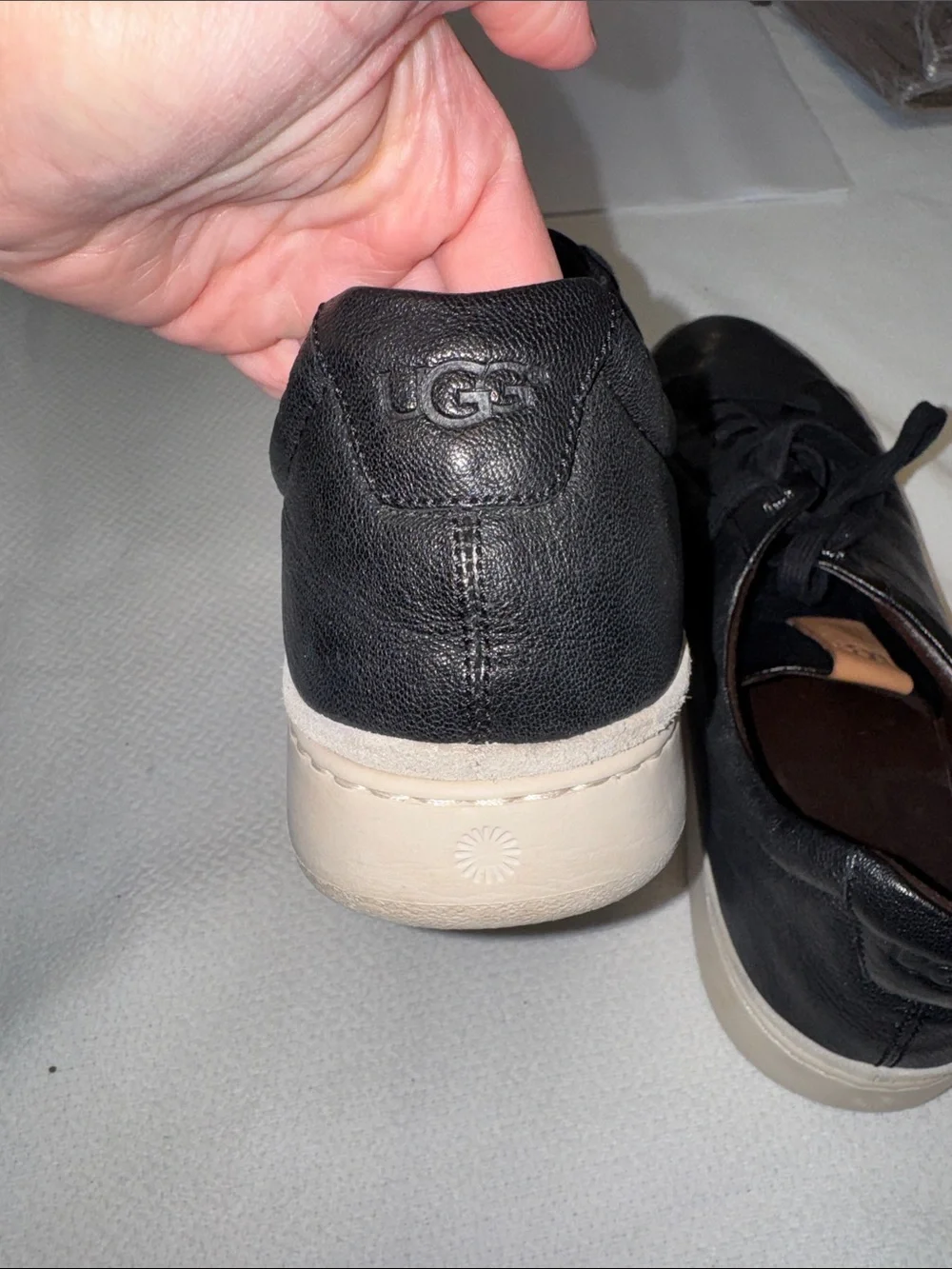 UGG Men's Black Leather Low-Top Sneakers with Tan Logo Tab Size 15